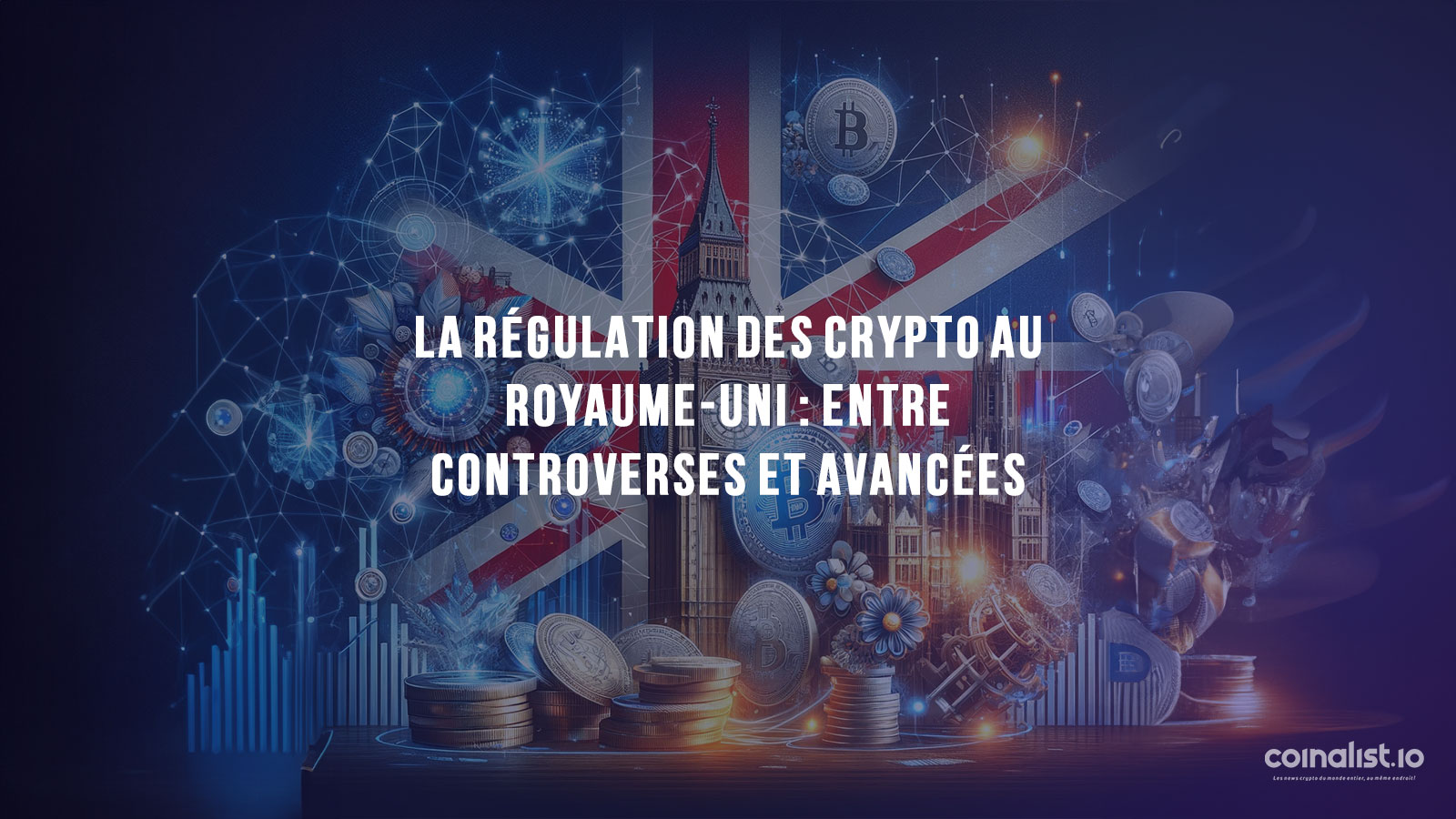 La Régulation Des Crypto-Monnaies Au Royaume-Uni, Représentée Par Des Symboles Britanniques Iconiques Entrelacés Avec Des Éléments De Cryptomonnaie Et De Blockchain